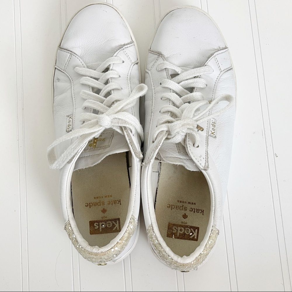 kate spade White Leather Sneakers with Gold Heel Detail - Picture 5 of 10